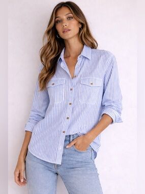 ZARA Blue White Striped Button-Down Shirt Women’s XS – Double Pocket